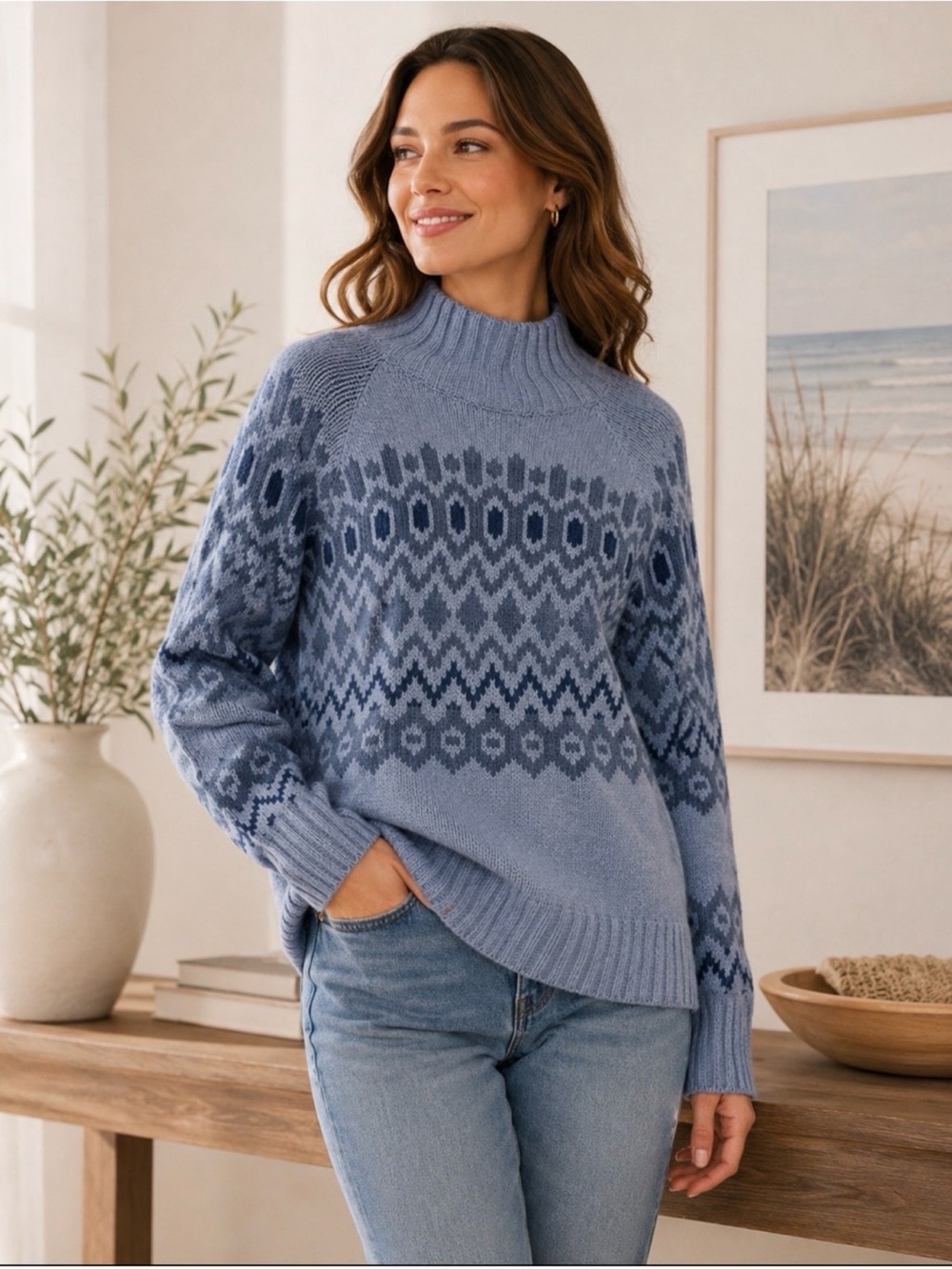Vineyard Vines Blue Fair Isle Mock Neck Sweater Women’s Large NWOT